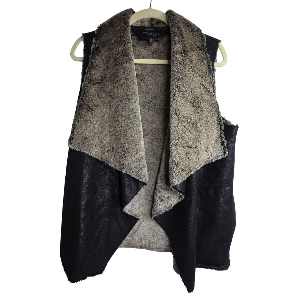 Marc New York Faux Fur SzSm Lined Suede Vest Black Taupe Shawl Waterfall Drape